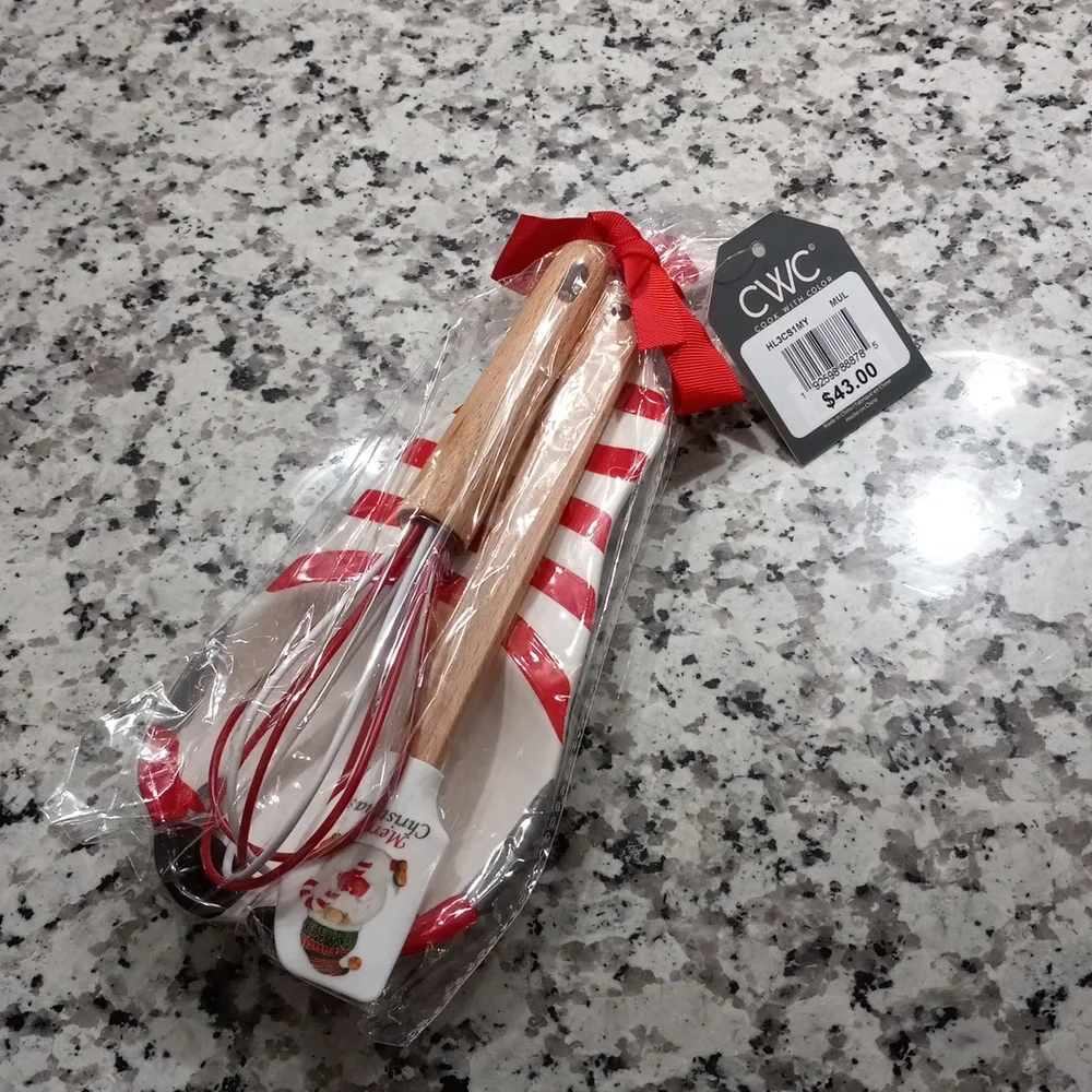 CWC 3-pc. Holiday Baking Tools Set In Red / White Spoon Rest| Spatula | Wihisk